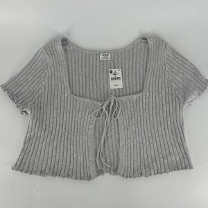 Cotton On Gray Ribbed Tie-Front Short Sleeve Cardigan
